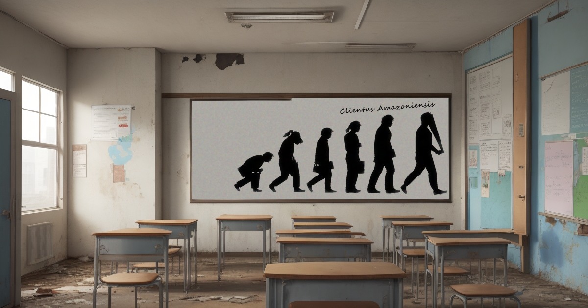 Ett övergivet klassrum i framtiden med människans evolution på tavlan. Sista steget Clientus Amazoniensis syns längst till höger.